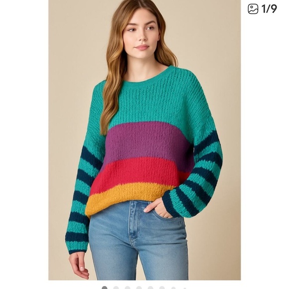New with Tags Easel Soft Colorblock Knit Sweater Multicolor Striped Size L - Picture 2 of 9